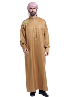 Buy Mens Clothing Casual Full Length Embroidery Abaya Robe Islamic Arabic Long Sleeve Kaftan Camel in UAE