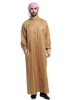 Buy Mens Clothing Casual Full Length Embroidery Abaya Robe Islamic Arabic Long Sleeve Kaftan Camel in Saudi Arabia