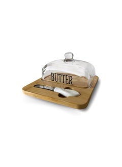 Buy Butter and cheese Dish with Wooden Base ,Knife and Glass Cover (18*18*10cm) in Egypt