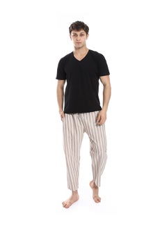 Buy Short Sleeve Striped Pattern Pants Pajama Set _ Black & Beige in Egypt