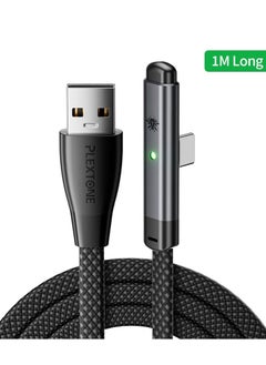 Buy Plextone 1m Fast Charging Cable 90 Degree Angled 66W 3A USB Type C Flat Charger for Phone Slant Design for Comfortable Hand Grip While Gaming Black in Saudi Arabia