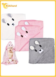 اشتري 3 Pieces Hooded Towel Baby, Baby Towel with Hood 80 X 80 Cm for Baby Bathing, Soft Super Absorbent, Cute Baby Hooded Towel with Pattern Unisex 0-5 Years (Pink/White/Grey) في السعودية