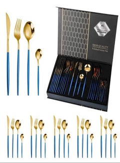 اشتري Stainless Steel Cutlery Set, 24 Piece Set, Steak Cutlery Spoon, Hotel Western Cutlery Gift Box (Gold and Blue) في السعودية