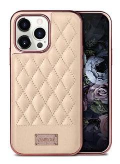 Buy iPhone 14 Pro Max Case Luxury PU Leather Case 3D Embroidery Heavy Duty Shockproof with Electroplating Frame Pink Sand in UAE