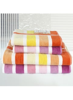 اشتري 4 Piece Bathroom Towel Set JEWELS 500 GSM 100% Cotton Velour 2 Bath Towel 70X140 cm & 2 Hand Towel 50x90 cm Purple & Orange Color Modern Stripe Design Luxury Touch Extra Absorbent في الامارات