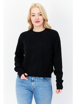 Buy Women Crew Neck Plain Long Sleeves Cropped Sweatshirt, Black in UAE