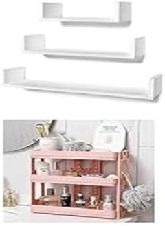 اشتري STOREMIC U-Shaped Floating Mounted Shelves for Wall 50cm, 35cm, 25cm, Easy to Install White, Pack of 3 + Organizer and Storage Racks With 3 Shelves For Home - Pink في مصر