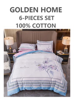 اشتري 6-Piece King Size Printed Cotton Duvet Cover Set Includes 1xFitted Bedsheet 200x200+30cm, 1xDuvet/Bed Cover 220x240 cm, 4xPillow cover 50x75cm Multicolour في الامارات