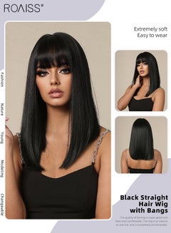 Buy Medium Length Straight Wig with Bangs for Women, Natural Soft Synthetic Heat Resistant Hair Wig for Wedding Cosplay Party Daily Wear, Black, 40cm (16 inches) in Saudi Arabia