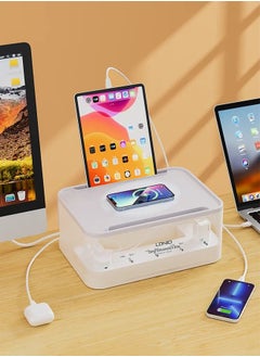 اشتري 3 in 1 Universal Management 5 Power Extension Cord and 3 USB Ports Cable Management Box with Tablet stand 2M Cord White في الامارات