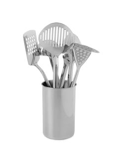 اشتري 7-Pieces Stainless Kitchen Tool Set - Skimmer Ladle Slotted Turner Potato Mahser Cooking Fork Spoon in Container Silver في الامارات