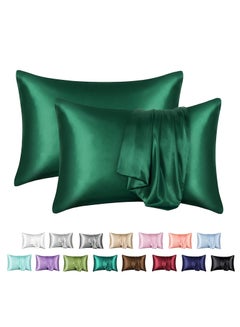Buy 2-Piece Simple Solid Colour Silk Satin Pillow Case with Envelope Closure for Hair and Skin Dark Green in Saudi Arabia