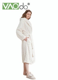 Buy Ladies Coral Fleece Bathrobe Skin-friendly Breathable Nightgown Simple Hooded Home Clothes White in UAE