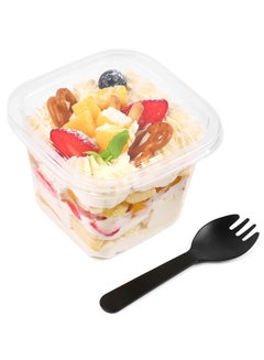 Buy Disposable Dessert Cups,12 oz Square Clear Plastic Cups with Lids and Spoons, Fruit Cake Containers for Oatmeal Yogurt Parfait Mousse Ice Cream Strawberry Shortcake 50 Pcs in UAE