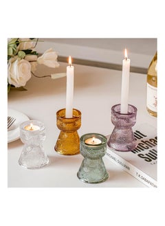 Buy 4 Pcs Candlestick Holders Two Usages Mixed Candle Holder for Taper And Tea Lights Sturdy Tapered Glass with Vintage Wave Texture Indoor Outdoor in UAE