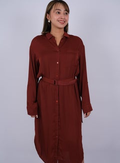 Buy WOMEN Summer Dress LOng Sleeves Collared Neck - Russet Brown in UAE