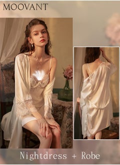 Buy 2-Piece Women Sling Nightdress Set Nightgown + Robe + Belt Push-up Lace Nightdress Romantic Sweet Home Dress Elegant Pajamas Set Loungewear White in Saudi Arabia