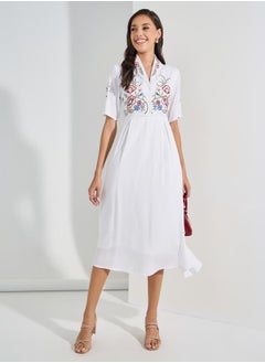 Buy Embroidered Panel Collared A-Line Midi Dress in Saudi Arabia