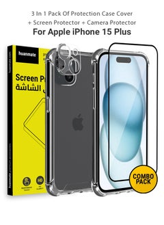 اشتري 3 in 1 Protection Pack of Back Cover Edge To Edge Screen Protector And Camera Protector For Apple iPhone 15 Plus Black/Clear في السعودية