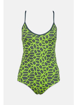 Buy Women All Over Print One Piece Swimwear, Lime Green and Grey in Saudi Arabia