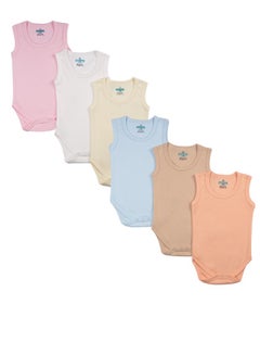Buy BabiesBasic 100% Super Combed Cotton, SleeveLess Romper/Bodysuit, for New Born to 24months. Set of 6 - Blue, Orange, Brown, Pink, Lemon, White in UAE