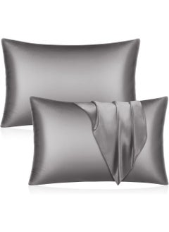 Buy Satin Silk Pillow Case Cover for Hair and Skin, Soft Breathable Smooth Both Sided Silk Pillow Cover Pair (King - 50 x 102cm - 2pcs - Dark Grey) in UAE