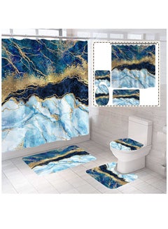 اشتري Navy Blue Marble Shower Curtain 4 Piece, Luxury Textured Bathroom Set with Blue Mixed Gold Waterproof Fabric Shower Curtain and Bathroom Prop Rug في الامارات