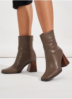 Buy Square Toe Block Heel Leather Boots in Saudi Arabia