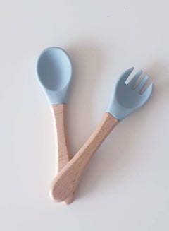 Buy Wooden Bamboo and Silicone Weaning Spoon, Fork, Cutlery Feeding Set - Dusty Blue in UAE