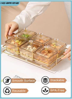 Buy Snack Serving Tray with Lid 6 Clear Candy and Nut Serving Container Set with Metal Rack, Plastic Appetizer Platter Relish Storage Organizer Plate Food Display Bowls for Vegetables Candy Fruit Dips in Saudi Arabia