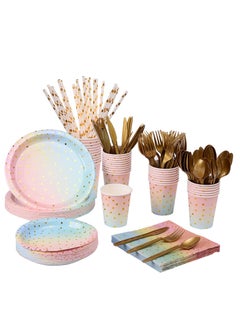 Buy Disposable Paper Dinnerware Serves 25, 200 Pcs Pastel Paper Plates Napkins Cups Gold Plastic Silverware Sets for Wedding Birthday Baby Shower Holiday Parties in UAE