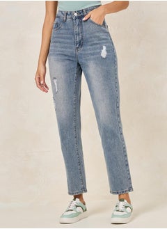 Buy High Rise Straight Fit Jeans with Slight Distress in Saudi Arabia