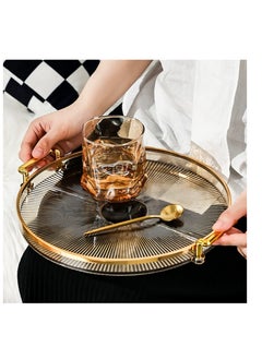 اشتري Elegant Round Acrylic Serving Tray with Gold Handles - Perfect for Home, Restaurant, and Bar Use - Ideal for Drinks, Breakfast, and Fruit (Brown) في الامارات