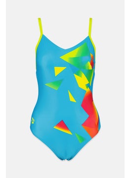 Buy Women Graphic Print Brand Logo One Piece Swimsuit, Blue in Saudi Arabia