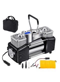 Buy Heavy Duty Double Cylinder Tire Inflator, Portable Air Compressor for Car, 150 PSI Tyre Air Pump with LED Light, Digital Pressure Gauge - Ideal for SUV, Off-Road, Trucks in UAE