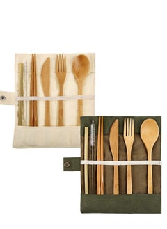 Buy 2 Sets Bamboo Cutlery Utensils Flatware Set Travel Include Reusable Chopsticks Fork Spoon Knife Straws Brush for Camping Hiking Picnic with Pouch Bag in Saudi Arabia