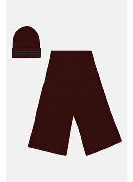 Buy Men Brand Logo Beanie And Scarf Set, Maroon in UAE