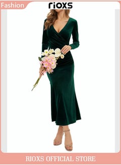 Buy Women's Elegant V Neck Slim Fit Long Sleeve Dress Cocktail Mermaid Dress Party Wedding Maxi Dress For Special Occasions in UAE