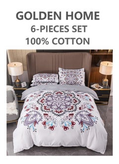 اشتري 6-Piece King Size Printed Cotton Duvet Cover Set Includes 1xFitted Bedsheet 200x200+30cm, 1xDuvet/Bed Cover 220x240 cm, 4xPillow cover 50x75cm Multicolour في الامارات