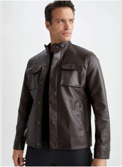 Buy Man Stand Up Collar PU Jacket in UAE