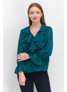 Buy Women V-Neck Long Sleeve Ruffle Blouse, Green in UAE