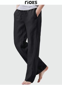 Buy Men's Linen Pants Elastic Waist Drawstring Cotton Loose Lightweight Casual Pants Yoga Beach Trousers With Two Side Pockets in UAE