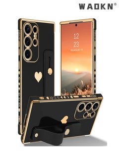 Buy Samsung S24 Ultra Case Slim Cute Luxury Shockproof with Strap Heart Design Soft Bumper Women Men Protective Phone Cover  Side Electroplated Wrist Strap Holder Suitable for Samsung S24Utra Black/Gold in UAE