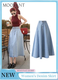 Buy High-waisted Denim Skirt for Women Retro Textured Denim skirt Slimming A-line Dress Big Hem Simple Denim Skirt Girl's Summer Wearing in Saudi Arabia