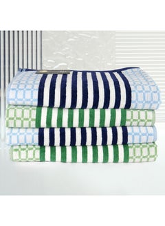 Buy 4 Piece Bathroom Towel Set HYDRO 420 GSM 100% Cotton Velour 4 Bath Towel 70x140 cm Blue & Green Color Modern Stripe Design Luxury Touch Extra Absorbent in UAE