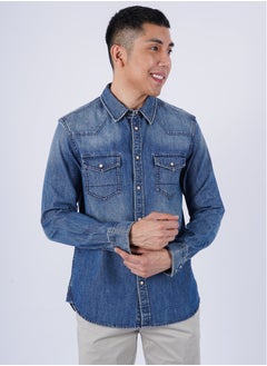 Buy Men’s Autumn Denim Shirt Long Sleeves Collared Neck two Pockets– Demin Blue in UAE