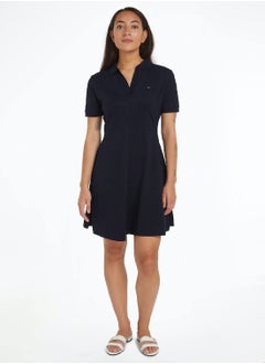 Buy Women's Stripe Open Placket Polo Dress -  Stretch cotton blend, Blue in Saudi Arabia