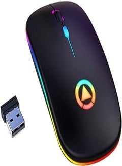 اشتري LED Wireless Mouse, 2.4G Rechargeable Silent Computer Wireless Mouse, 1600 DPI Untra Thin Portable Optical Mini Mouse, With RGB Backlit, Suitable for Laptop Desktop PC Mac (Black) في مصر