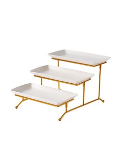 Buy Shallow Porcelain 3-Tier Rectangular Serving Set with Gold Stand Rack - 3 Pieces, 29cm in UAE