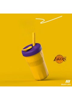 Buy Portable Removable Straw Cup 500ml,  Fashionable Drop-Resistant Food-Grade PP Plastic Cup, Lakers Yellow and Purple Color Water Bottle Coffee Cup, Reusable Wide Mouth Cup for Kids Adults in Saudi Arabia